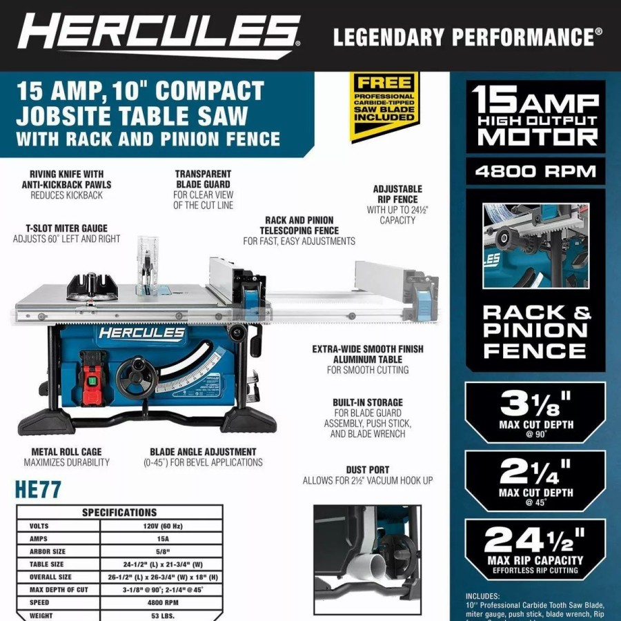 Power Tools Hercules | Hercules 10 In., 15 Amp Compact Jobsite Table Saw With Rack And Pinion Fence